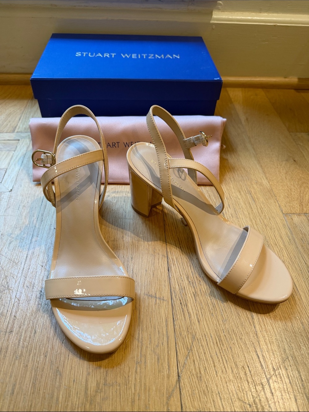Stuart Weitzman Patent Nude Block Heel Sandals - Dancer 75 Block